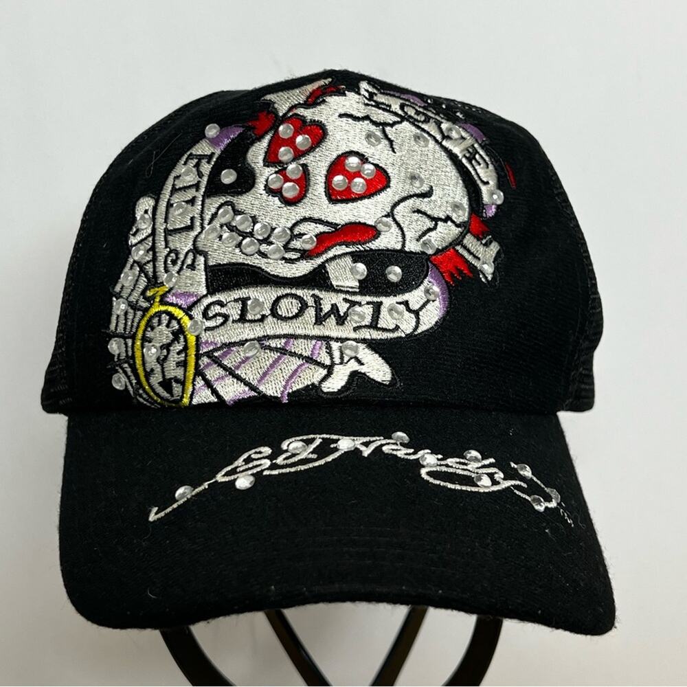 Vintage Ed Hardy Love Kills Slowly Skull Black with Rhinestones Trucker Hat RARE